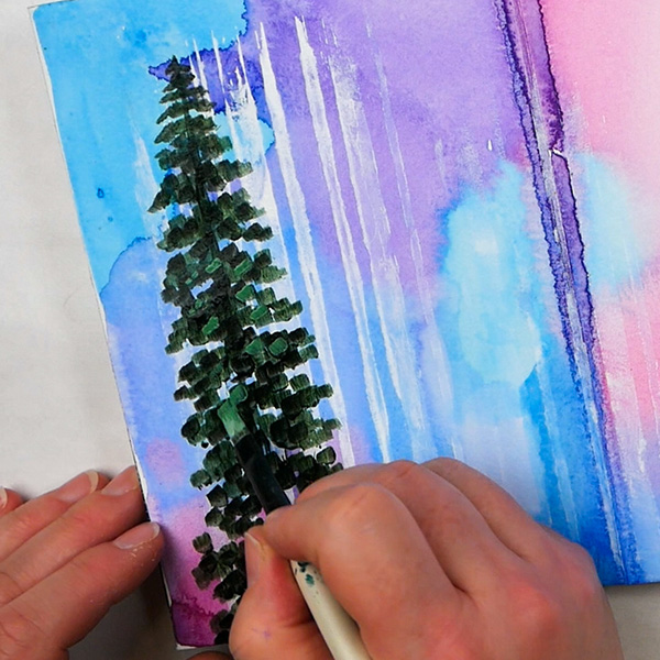 Adding highlights to a pixelated pine tree painting with acrylics