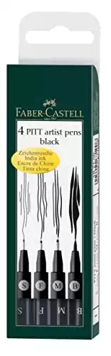 Faber-Castell Art & Graphic Pitt Artist Pen India Ink Pen, Black, Wallet Of 4, For Art, Craft, Drawing, Sketching, Home, School, University, Colouring