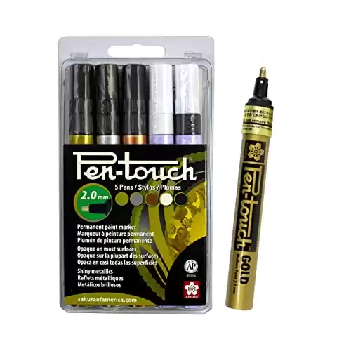 SAKURA Pen-Touch Paint Markers - Permanent Marker Pen - Assorted Metallic Colors - Medium Tip Size - 5 Pack