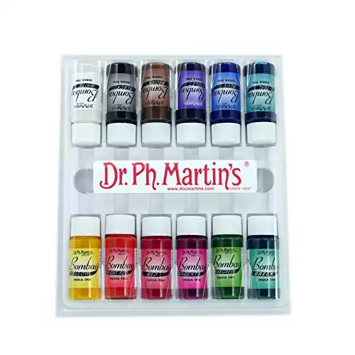 Dr. Ph. Martin's Bombay India Ink Set 1, 12 Bottles with 0.5 oz each