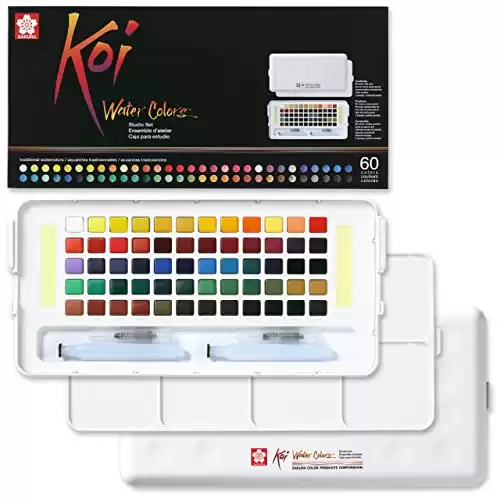 SAKURA Koi Studio Kit - Watercolor Sets for Studio Art or Art On the Go - 60 Colors - 2 Water Brushes - 2 Sponges - 2 Palettes