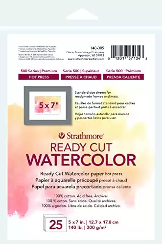 Strathmore 140-305 500 Series Ready Cut Watercolor Paper, 140 lb. Hot Press, 5"x7", 25 Sheets, Multicolor