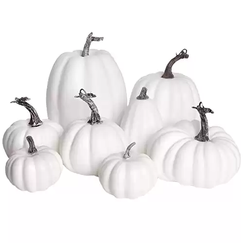 DERAYEE Fall Artificial Pumpkins, White Fake Pumpkins Thanksgiving Decoration Autumn Large Gourds for Halloween Harvest Décor