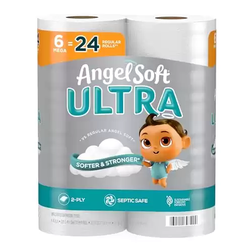 Angel Soft Ultra Toilet Paper, 6 Mega Rolls, Ultra Soft and Strong Toilet Tissue