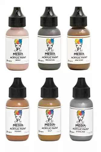 Dina Wakley Metallic Heavy Body Acrylic Paint Bundle - 6 Bottles, 1 Ounce Each - Ancient, Rosy, Medieval, Gilt, Penny and Sterling