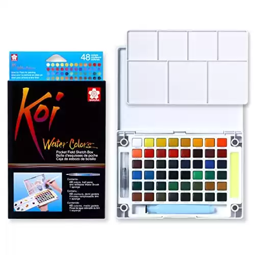 SAKURA Koi Pocket Field Sketch Kit - Watercolor Sets for Painting On the Go - 48 Colors - 1 Water Brush - 1 Sponge - 1 Mixing Palette