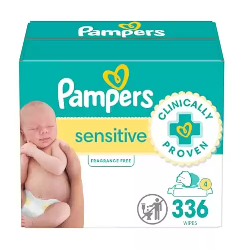 Pampers Sensitive Baby Wipes, Water Based, Hypoallergenic and Unscented, 4 Flip-Top Packs (336 Wipes Total) (Packaging May Vary)