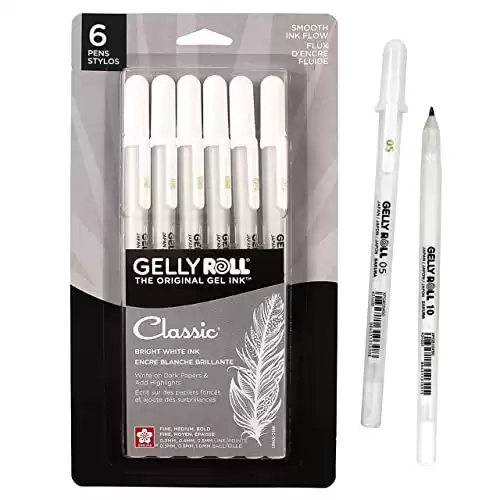 SAKURA Gelly Roll Gel Pens - Fine, Medium & Bold Tip Ink Pens for Journaling, Art, or Drawing - Classic White Ink - 05/08/10 Assorted Tip Sizes - 6 Pack