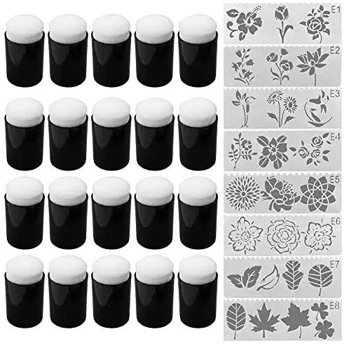 Daily Treasures 20Pcs Finger Sponge Daubers, Finger Painting Sponge with 8Pcs Flower Stencil Templates for Arts and Craft Painting Projects-Daubers for Stamping, Drawing, Ink, Card Making