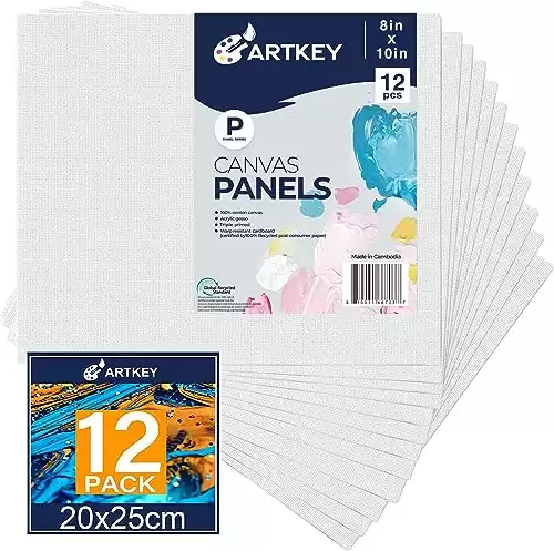 Artkey Canvases for Painting 8x10 Inch 12-Pack, 10 oz Primed 100% Cotton White Blank Flat Canvas Boards, Art Paint Canvas Panels for Acrylic Oil Watercolor Tempera Paints