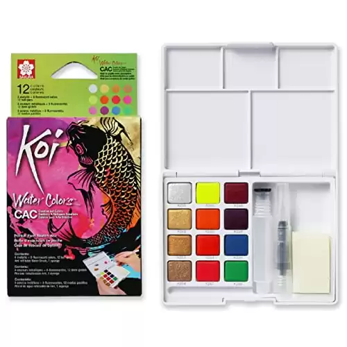 SAKURA Koi Pocket Field Sketch Kit - Watercolor Sets for Painting On the Go - 12 Colors - 1 Water Brush - 1 Sponge - 1 Palette