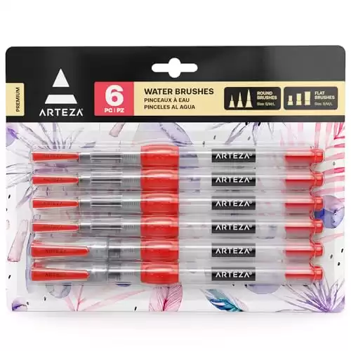 ARTEZA Water Brush Pen, Set of 6, Assorted Soft Nylon Bristle Tips, Self-Moistening Water Brush, Refillable Water Pen