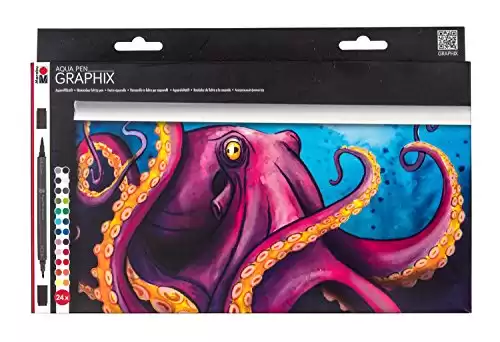 Marabu 014500000104 - Aqua Pen Graphix, Octopy, 24 Watercolour Felt Pens in a Set with Brilliant Colour, Water-based Ink, Double Tip, Watercolour Paper