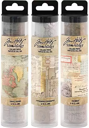 Tim Holtz Idea-Ology Collage Paper Rolls - Travel, Typography and Document - Bundle of Three Rolls