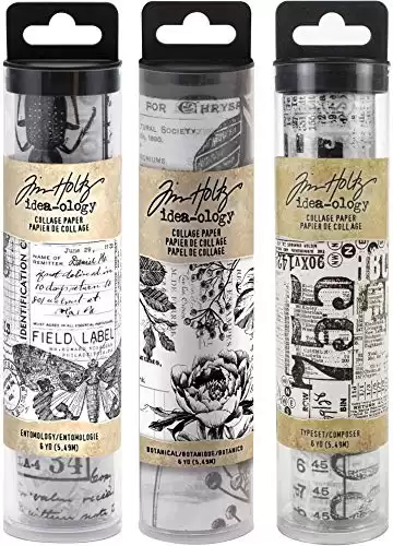 Tim Holtz Idea-Ology Collage Paper Rolls - Entomology, Botanical and Typeset - Bundle of Three Rolls