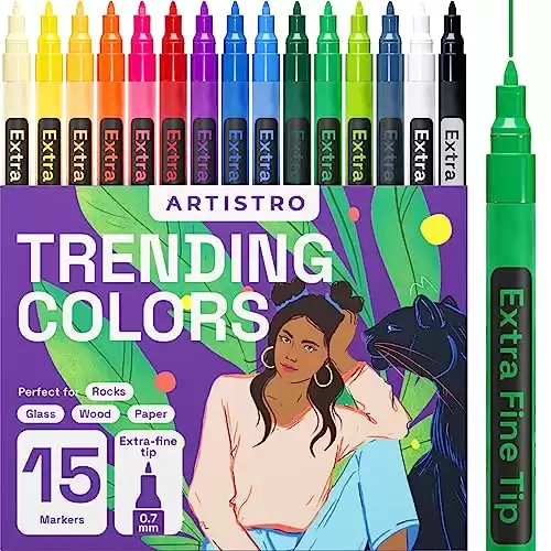 ARTISTRO 15 Acrylic Paint Pens for Rock Painting, Stone, Ceramic, Glass, Wood, Metal, Fabric, Canvas Pebbles. Art Set of 15 Acrylic Paint Markers Water-Based Extra-Fine Tip 0.7mm