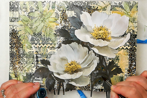 Adding Beam watercolor paints to Simply Stated Design floral on art journal page