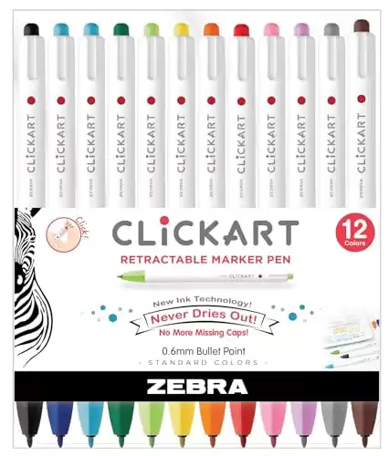 Zebra Pen Click Art Retractable Marker Pen, 0.6mm Fine Point, Standard Colors