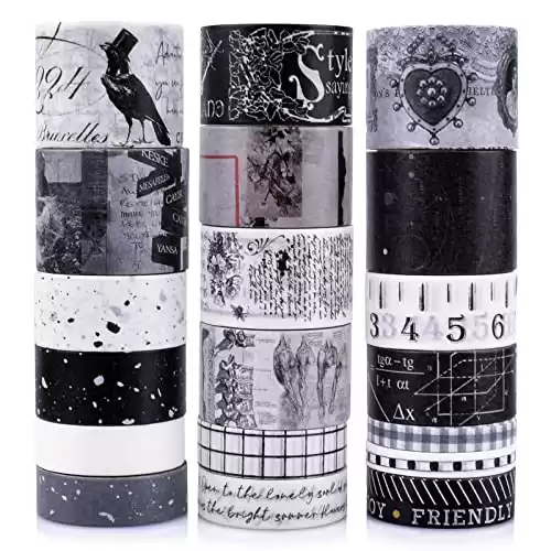 DAPUTOU 20 Rolls Vintage Washi Tape Set,Wide Floral Stamp Letter Old Newspaper Antique Retro Decorative Masking Tape Sets for Scrapbook, Craft,Kids, Scrapbooking Supplies (Black)