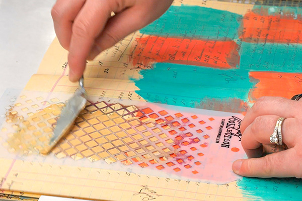 Adding Acrylic Gel through a stencil in Dina Wakley Ledger Journal