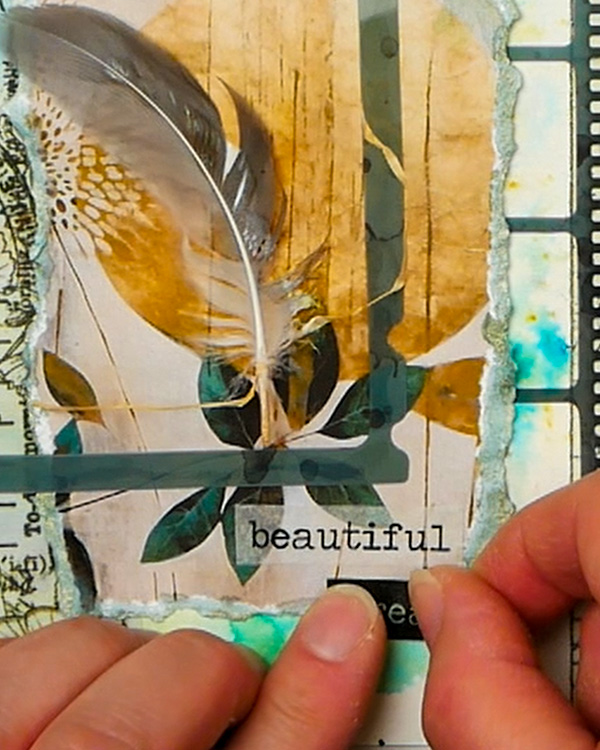 Adding word washi tape to mixed media collage