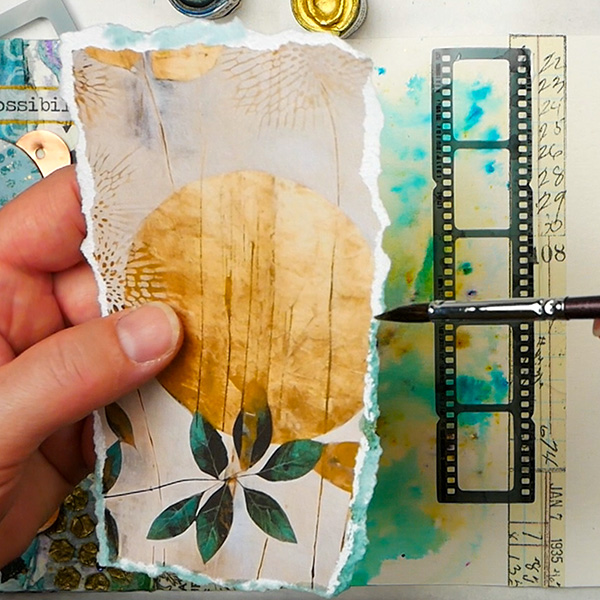 Adding Stoneground Metallic Watercolors to the edges of ripped Golden Botanicals Simply Stated Design Paper