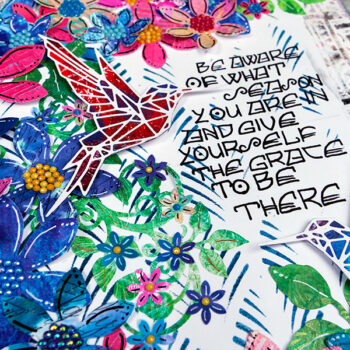 Gel print art journal page featuring hummingbirds and flowers
