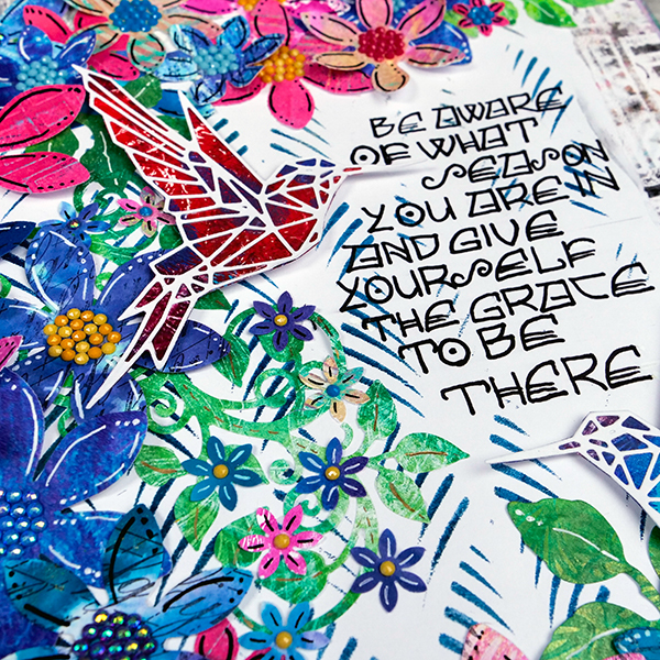Gel print art journal page featuring hummingbirds and flowers
