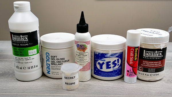 My favorite collage glues Liquitex Matte Medium, Golden Soft Gel Gloss, Art Glitter Glue, Yes Paste, Scotch Glue Stick, Liquitex Gloss Super Heavy Gel and my own secret glue recipe