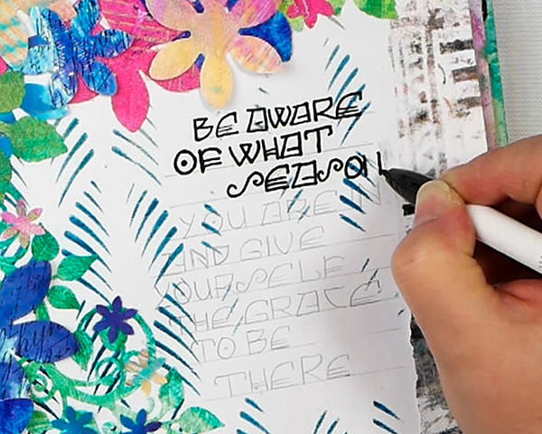 Adding journaling to art journal page with Zebra Click Art Black Pen