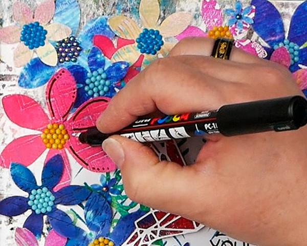 Adding Posca Black Paint Pen to Gelli Print Die Cut Flowers