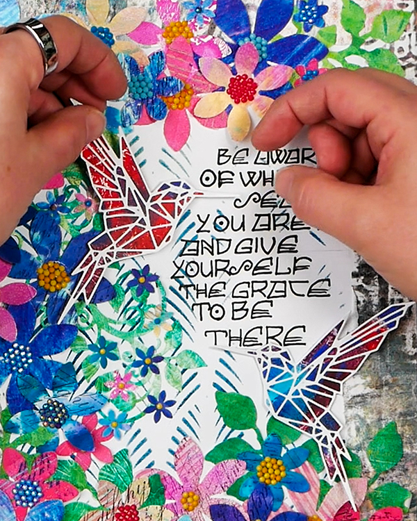 Adding Gelli Print hummingbird images to art journal page