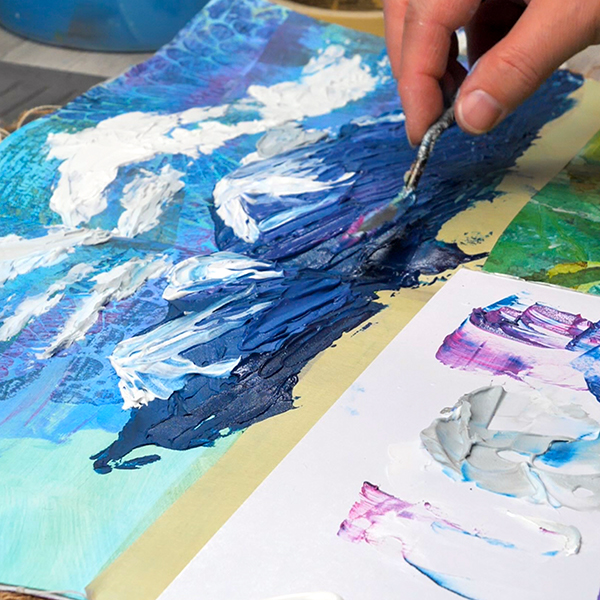 Acrylic Texture Palette Knife Painting mountains on collage art journal page