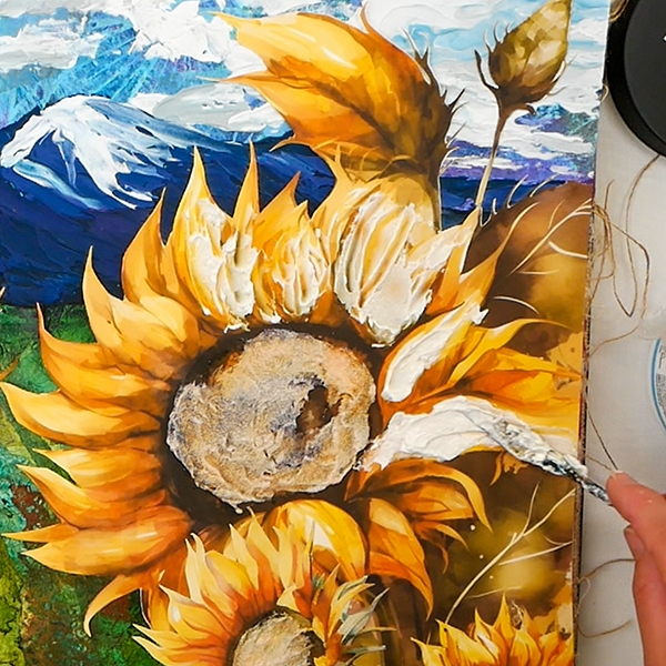 Adding Liquitex Extra Heavy Gel Medium with Golden Iridescent Paint to Simply Stated Designs paper sunflowers