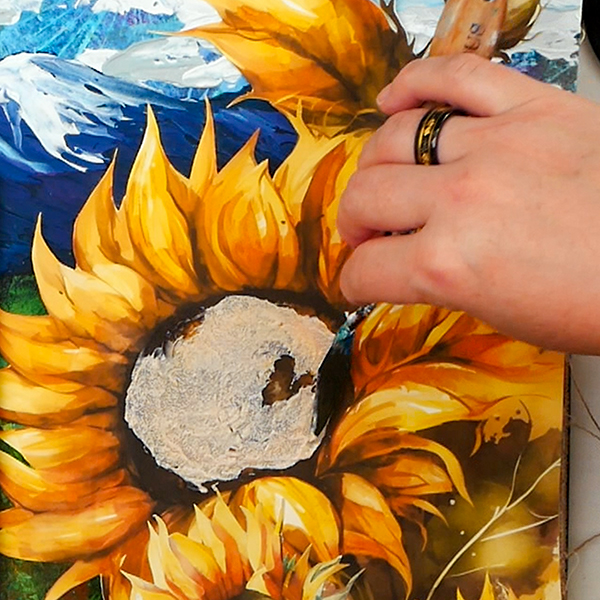 Adding tinted glass bead gel to sunflower centers