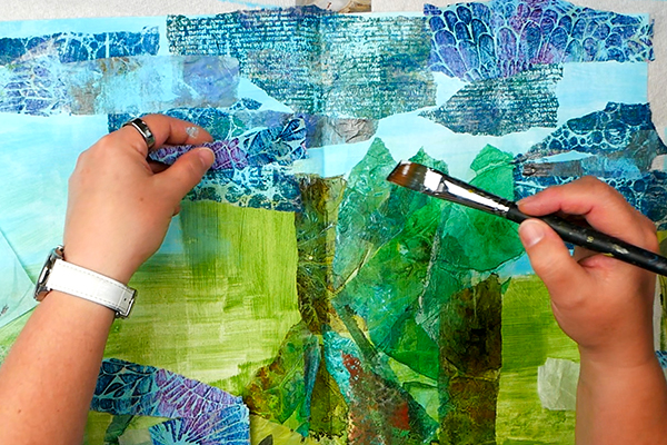Creating a textured collage sky using tissue paper gel prints