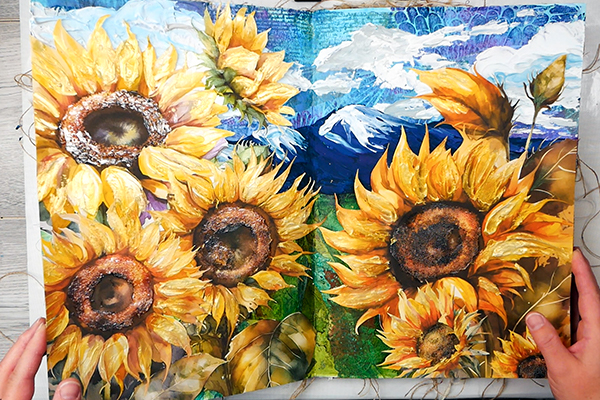 Textured collage art journal page with Simply Stated Design Sunflowers