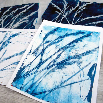 gel plate printing with leaves and grasses
