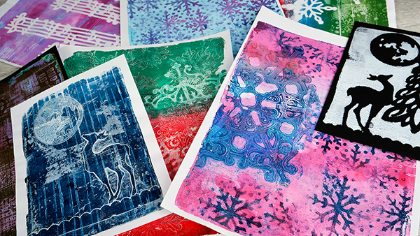 Gel Print Images from Nadine Milton's Festive and Fabulous Gel Print Holiday Cards Course