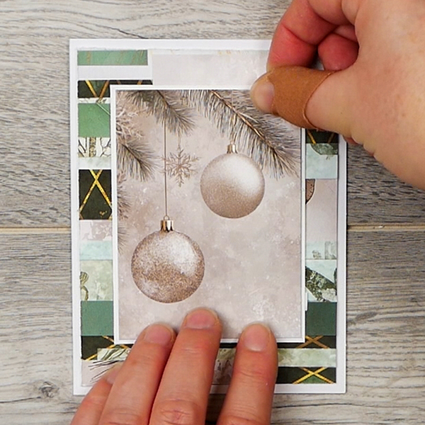 Adding matted focal image to holiday card using Golden Evergreen Collection from Simply Stated Design