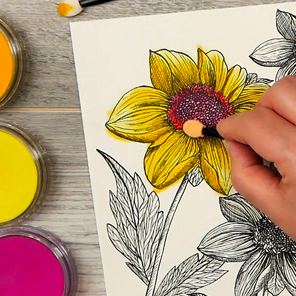 Adding layers of Permanent Red Pan Pastel to Dahlia Image created by Nadine Milton from Hop-A-Long Studio