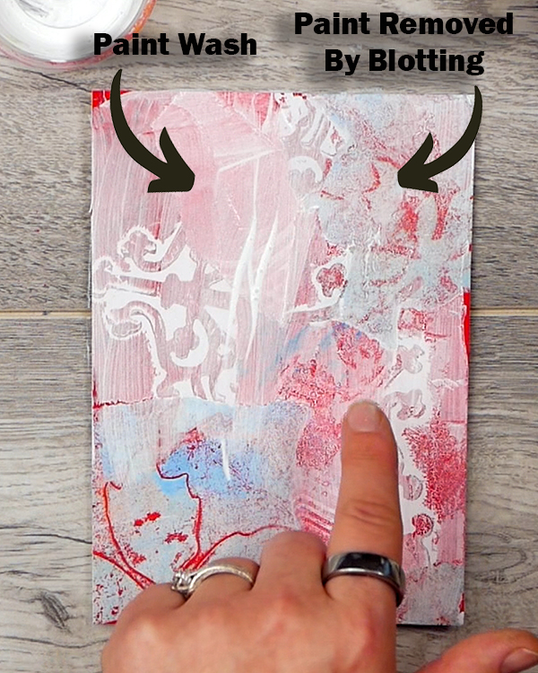 Before and after blotting acrylic paint collage surface