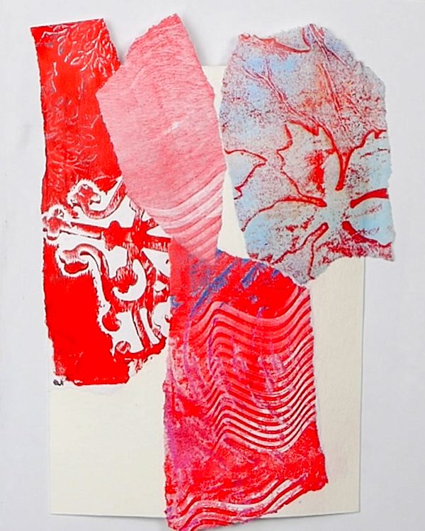 Adding gel print collage pieces to watercolor cardstock