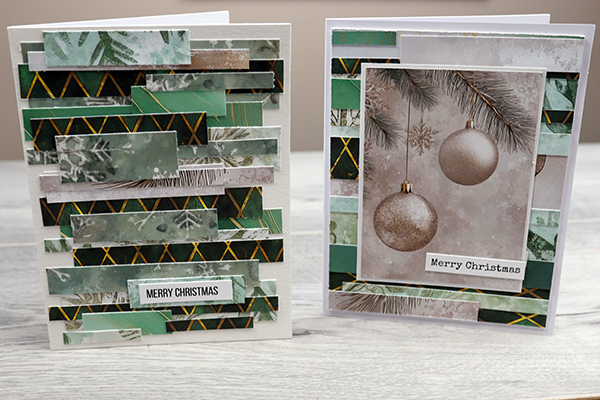 Abstract Holiday Cards Made with Paper Scraps from Simply Stated Design Golden Evergreen Papers