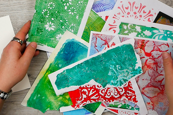 Using Gel Print Scraps for Holiday Collage Card