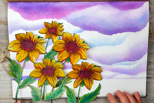 Adding dahlia images to Pan Pastel Art Journal page to decide on foreground color for the page