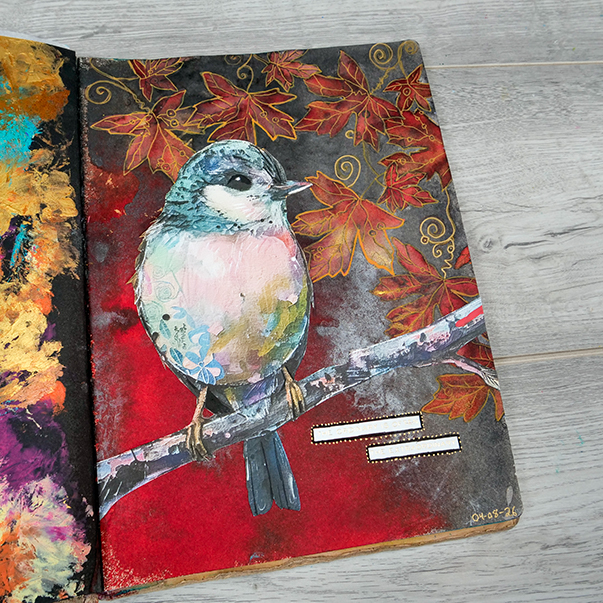 Mixed Media page altered with paint pens by Nadine Milton. Bird Image by Simply Stated Design