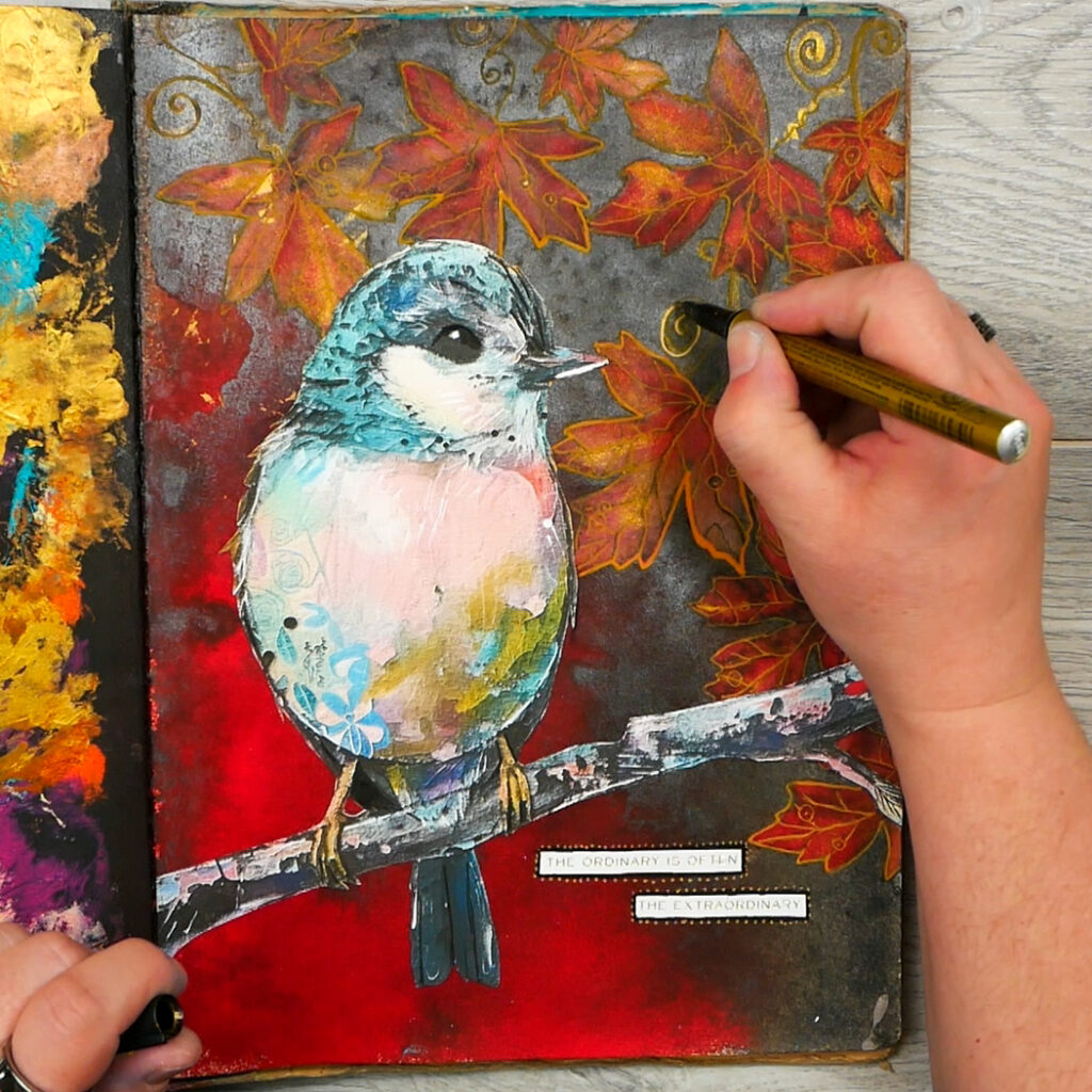 Adding in Pentouch Gold Paint Pen to add highlights to mixed media art journal page