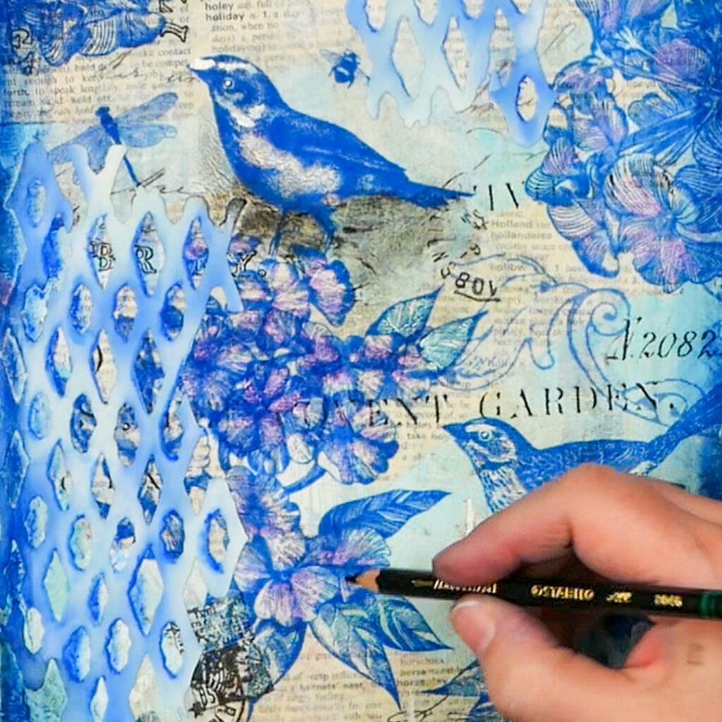 Adding Stabilo all water soluable pencil to add shadows to mixed media art journal page