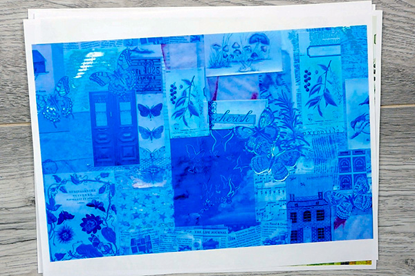 Collage papers printed and adjusted to blue and purple tints